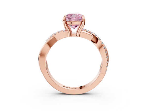 Rose gold Fancy Pink Cushion  Cut Twist Band Solitaire Diamond Ring with Pavé Setting