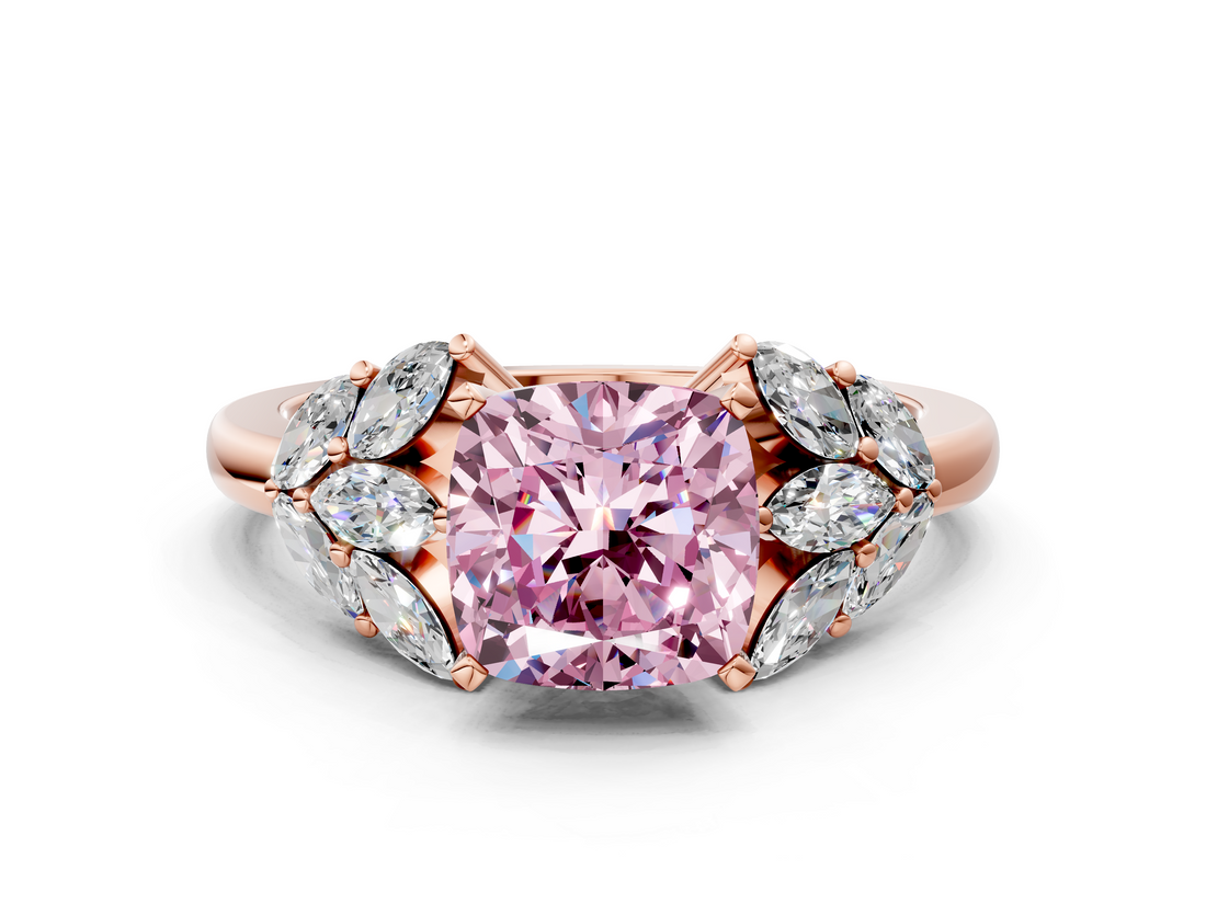 Rose gold Fancy Pink Cushion  Diamond Cluster Leaf Design Ring with Prong Setting_68