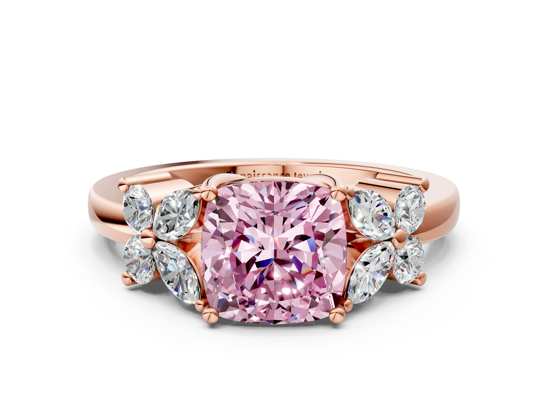 Rose gold Fancy Pink Cushion  Diamond Floral Cluster Ring with Solitaire Band and Prong Setting_68