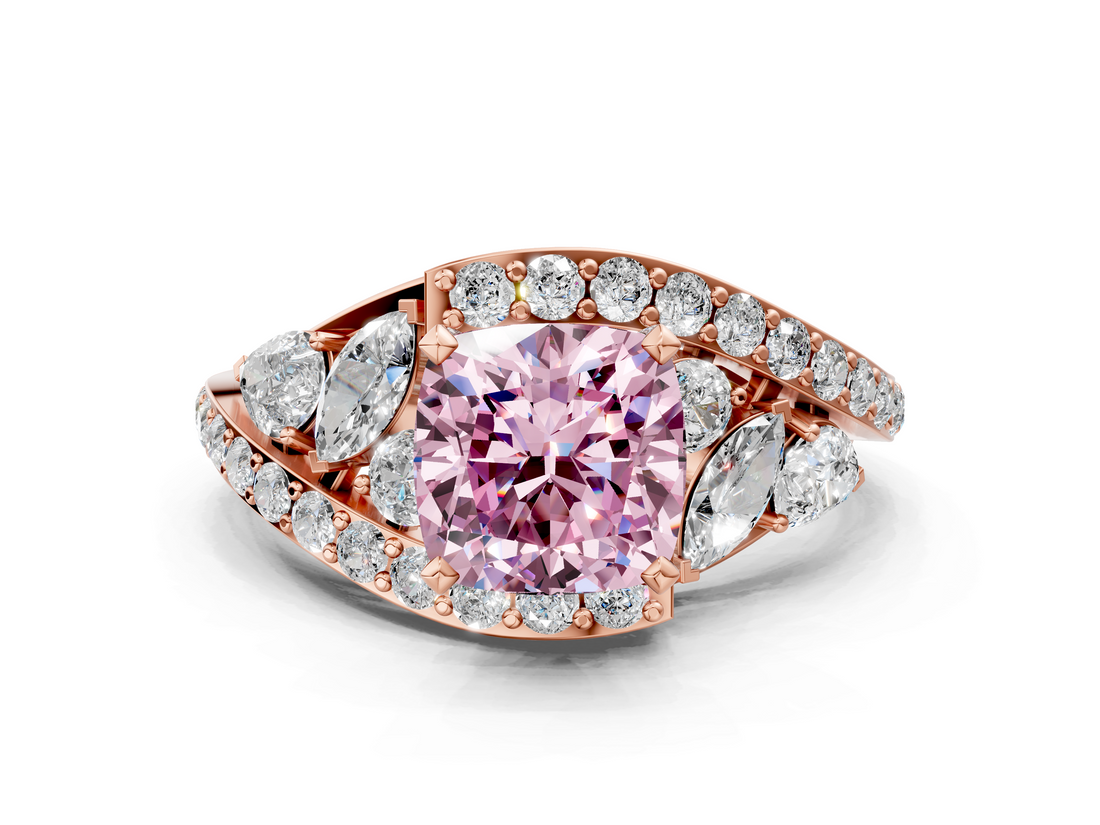 Rose gold Fancy Pink Cushion  Diamond Halo Ring with Marquise and Pavé Band in Prong Setting_68