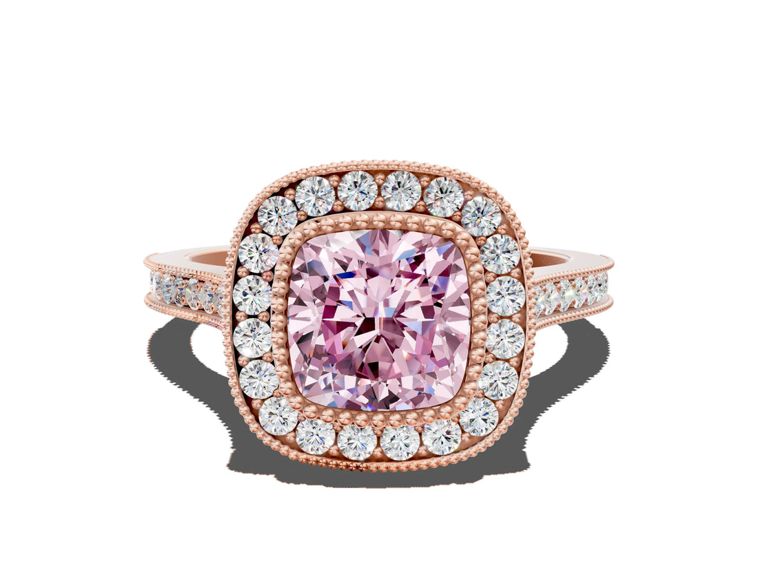 Rose gold Fancy Pink Cushion  Diamond Halo Ring with Milgrain Frame and Pavé Band_60
