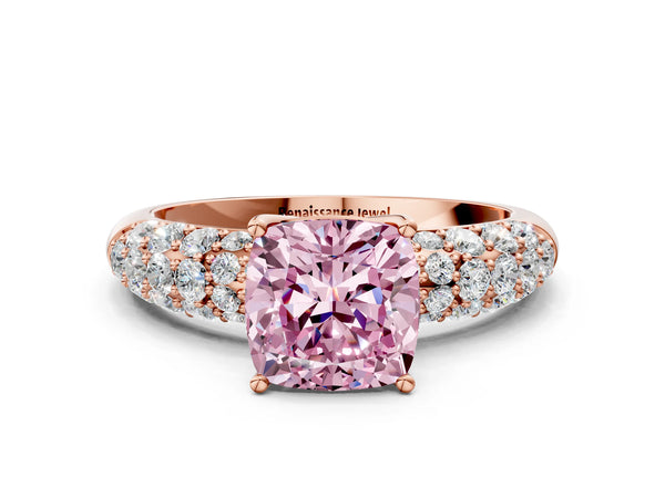 Rose gold Fancy Pink Cushion  Diamond Pavé Band Solitaire Ring with Four-Prong Setting