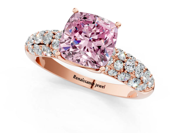 Rose gold Fancy Pink Cushion  Diamond Pavé Band Solitaire Ring with Four-Prong Setting
