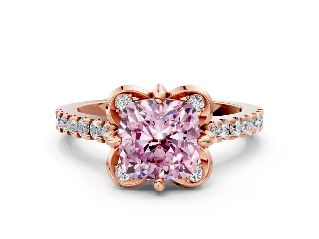 Rose gold Fancy Pink Cushion  Diamond Pave Band with Floral Prong Setting_27