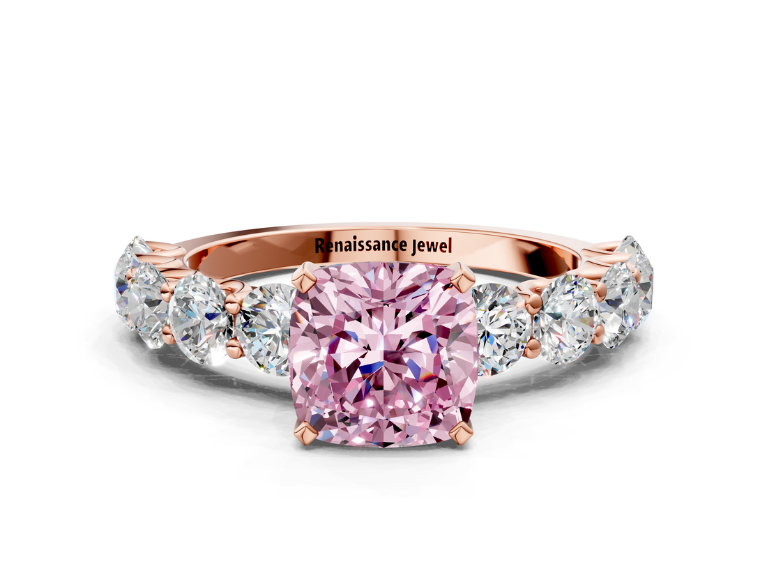 Rose gold Fancy Pink Cushion  Diamond Prong Setting with Side Stones on a Pave Band_131