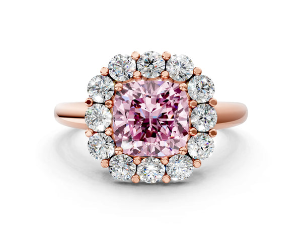 Rose gold Fancy Pink Cushion  Halo Cluster Diamond Engagement Ring with Prong Setting and Polished Band