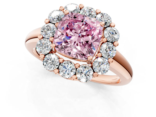 Rose gold Fancy Pink Cushion  Halo Cluster Diamond Engagement Ring with Prong Setting and Polished Band