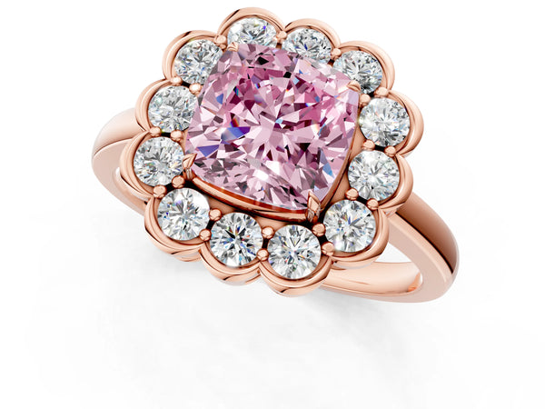 Rose gold Fancy Pink Cushion  Halo Cluster Diamond Engagement Ring with Solitaire Band and Prong Setting