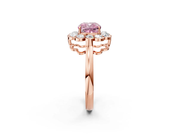 Rose gold Fancy Pink Cushion  Halo Cluster Diamond Engagement Ring with Solitaire Band and Prong Setting
