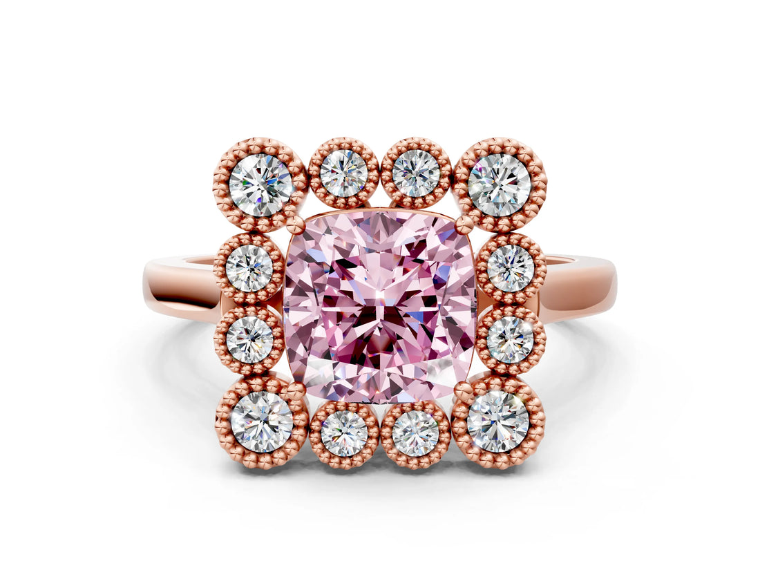 Rose gold Fancy Pink Cushion  Halo Diamond Cluster Engagement Ring with Milgrain Bezel Setting and Solitaire Band_51