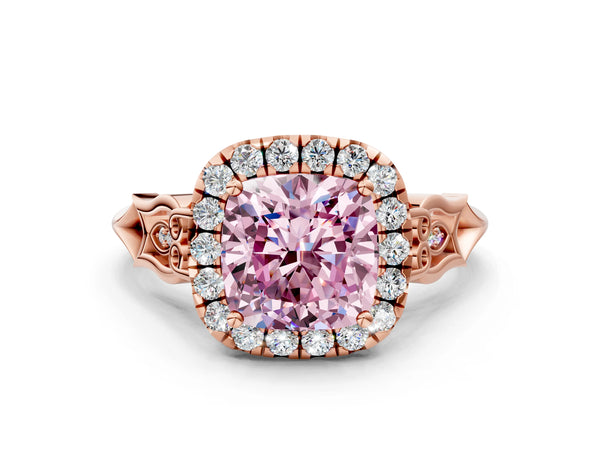 Rose gold Fancy Pink Cushion  Halo Diamond Engagement Ring with Filigree Band and Four-Prong Setting