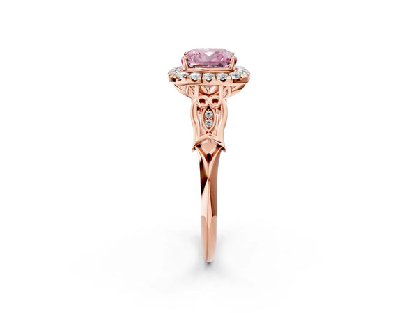 Rose gold Fancy Pink Cushion  Halo Diamond Engagement Ring with Filigree Band and Four-Prong Setting