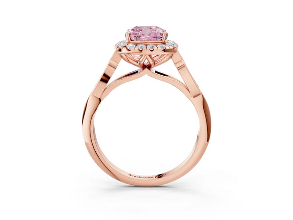 Rose gold Fancy Pink Cushion  Halo Diamond Engagement Ring with Filigree Band and Four-Prong Setting