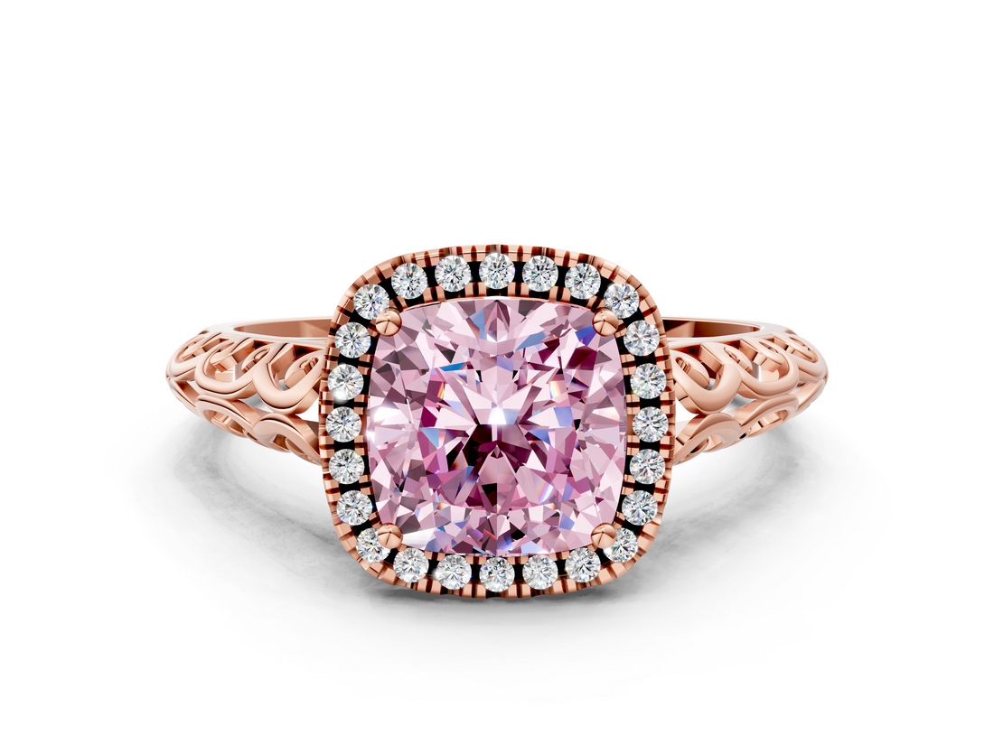 Rose gold Fancy Pink Cushion  Halo Diamond Engagement Ring with Intricate Filigree Band and Four-Prong Setting_37