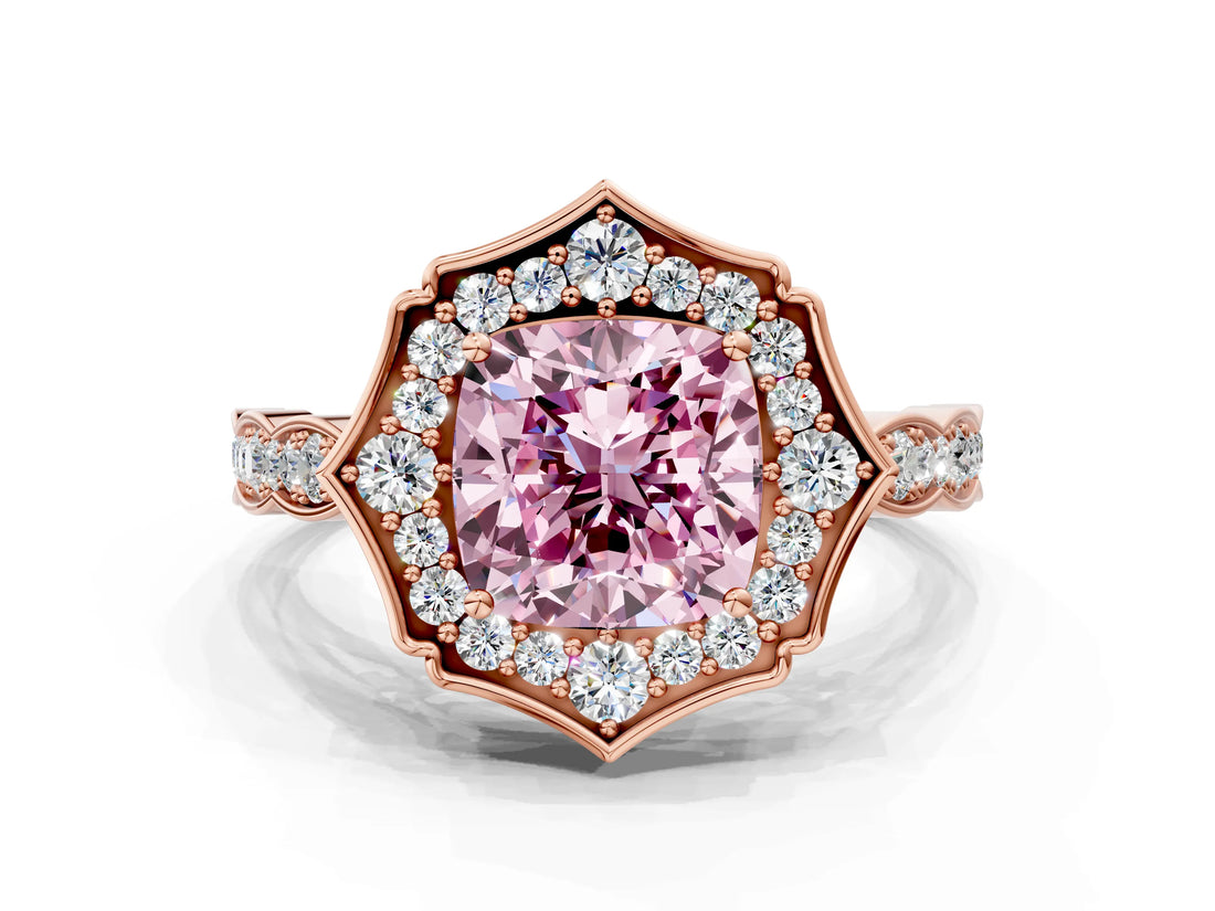 Rose gold Fancy Pink Cushion  Halo Diamond Engagement Ring with Milgrain Band and Four-Prong Setting_53