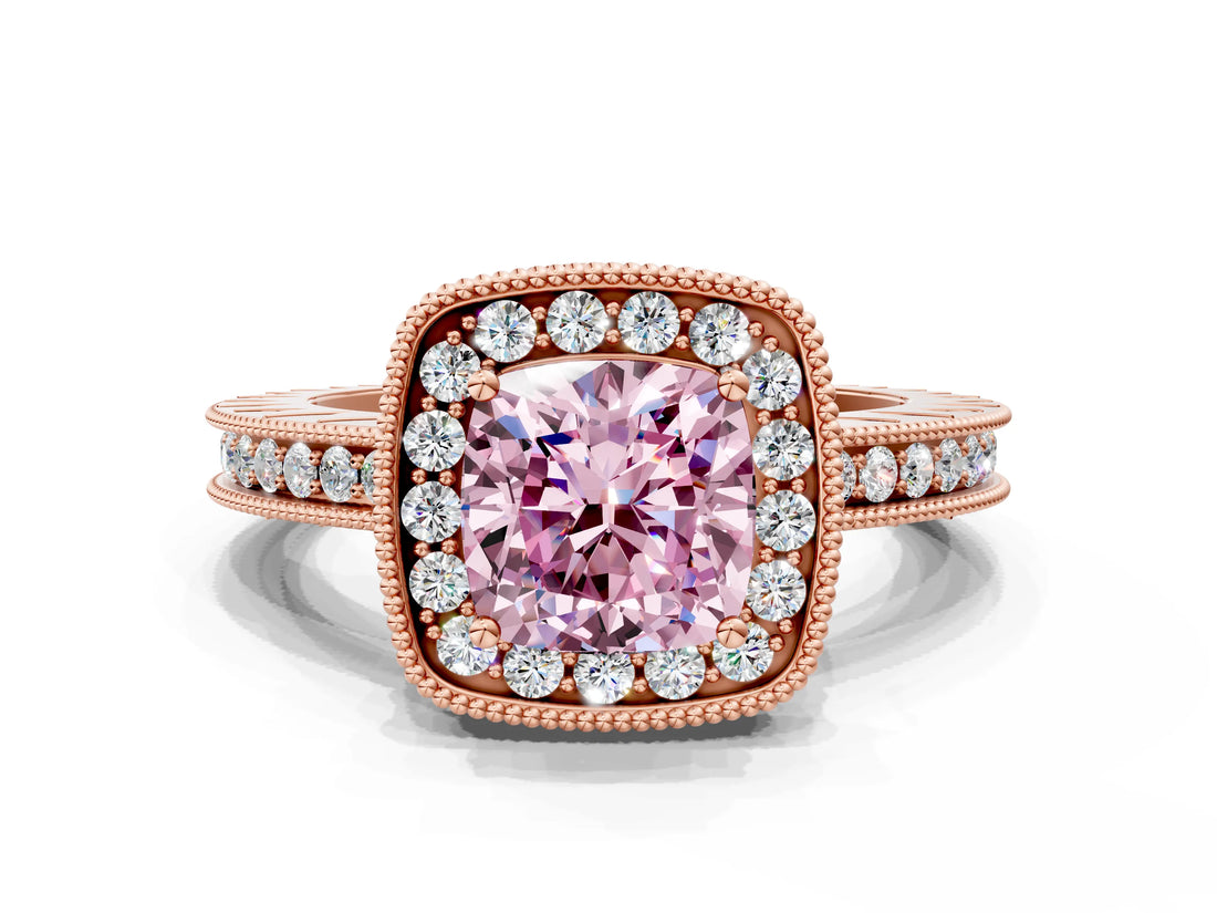 Rose gold Fancy Pink Cushion  Halo Diamond Engagement Ring with Milgrain Pave Band and Four-Prong Setting_38