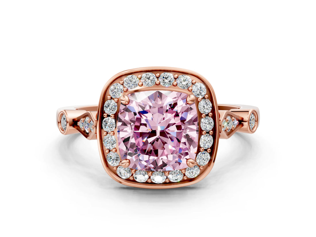 Rose gold Fancy Pink Cushion  Halo Diamond Engagement Ring with Twisted Band and Four-Prong Setting 1