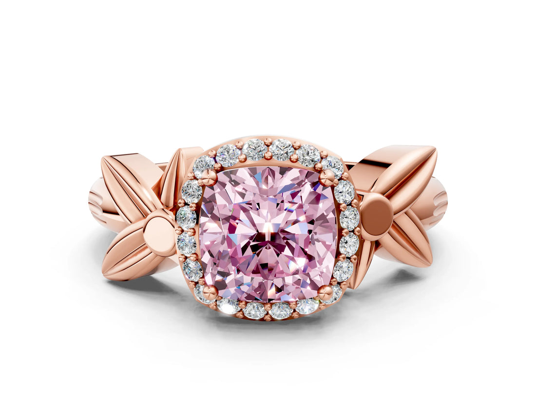 Rose gold Fancy Pink Cushion  Halo Diamond Floral Band with Four-Prong Setting_56
