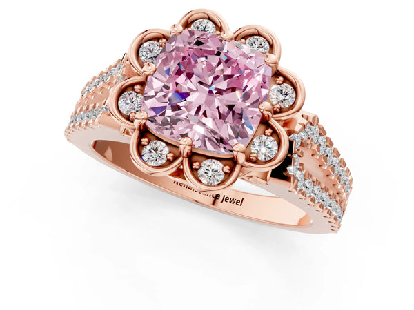 Rose gold Fancy Pink Cushion  Halo Diamond Floral Split Shank Engagement Ring