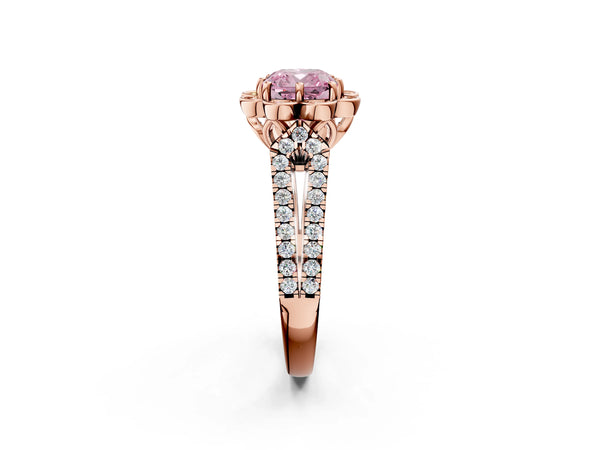 Rose gold Fancy Pink Cushion  Halo Diamond Floral Split Shank Engagement Ring