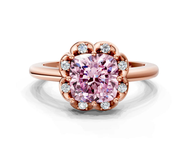 Rose gold Fancy Pink Cushion  Halo Diamond Ring with Round Cluster Setting, Solitaire Band, and Four-Prong Setting