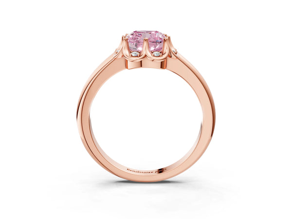 Rose gold Fancy Pink Cushion  Halo Diamond Ring with Round Cluster Setting, Solitaire Band, and Four-Prong Setting