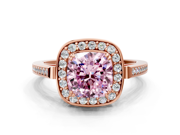 Rose gold Fancy Pink Cushion Cut Diamond Halo Ring with Split Shank and Four-Prong Setting