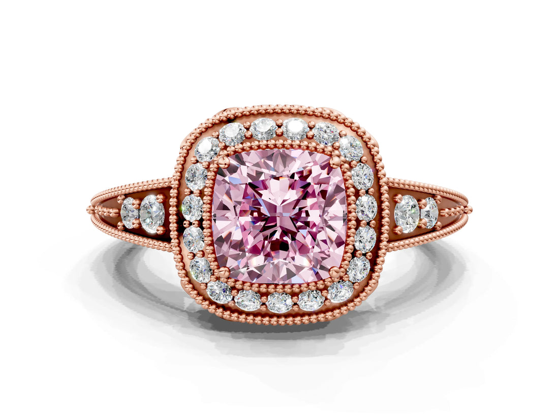 Rose gold Fancy Pink Cushion  Halo Diamond Split Shank Ring with Milgrain Detail_50