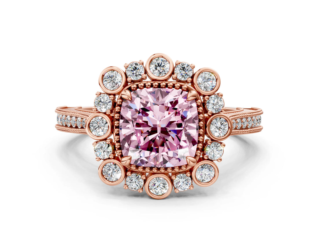 Rose gold Fancy Pink Cushion  Halo Milgrain Pave Diamond Ring with Four-Prong Setting 1