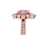 Rose gold Fancy Pink Cushion  Halo Milgrain Pave Diamond Ring with Four-Prong Setting