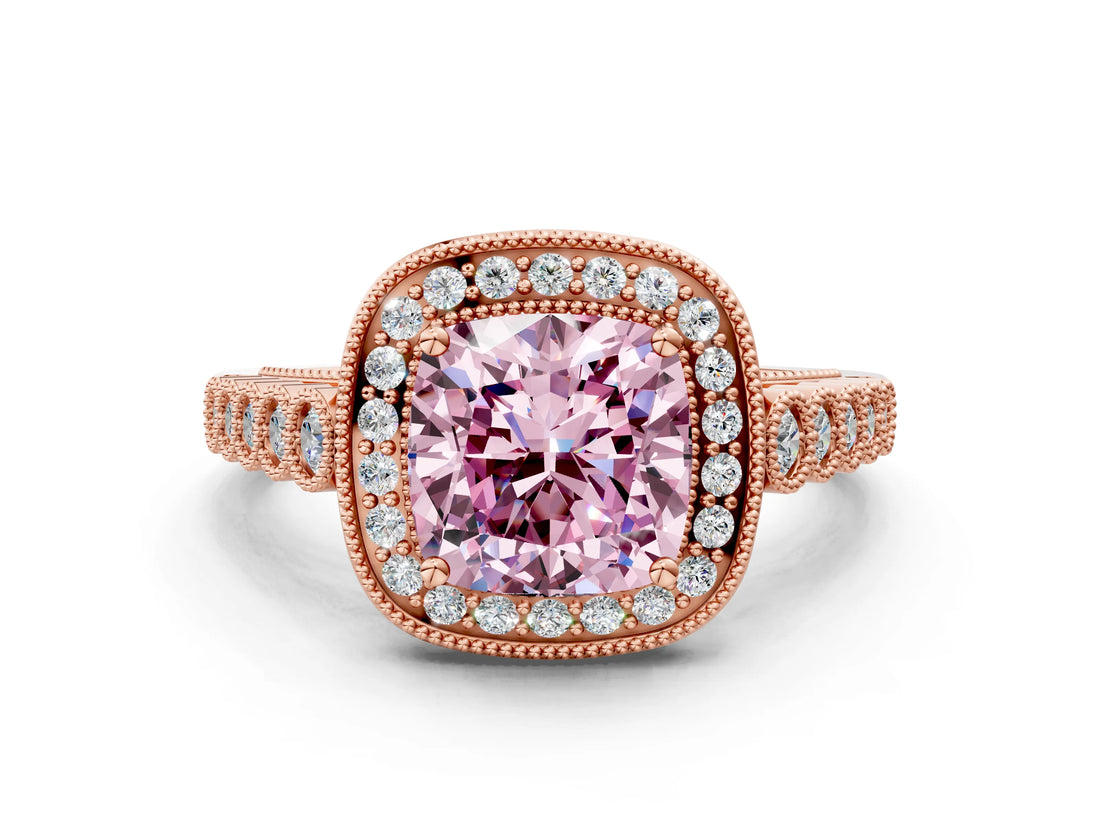 Rose gold Fancy Pink Cushion  Halo Milgrain Solitaire with Bezel Set Side Stones and Pave Band_33