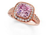 Rose gold Fancy Pink Cushion  Halo Milgrain Solitaire with Bezel Set Side Stones and Pave Band_34