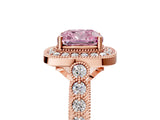 Rose gold Fancy Pink Cushion  Halo Milgrain Solitaire with Bezel Set Side Stones and Pave Band_38