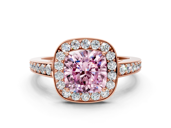 Rose gold Fancy Pink Cushion  Halo Pavé Diamond Engagement Ring with Bezel Setting