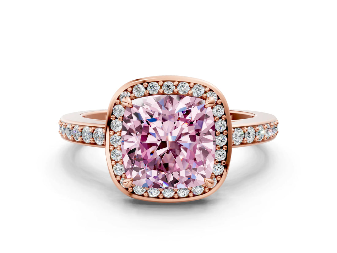 Rose gold Fancy Pink Cushion  Halo Pave Band Solitaire Ring with Prong Setting_64