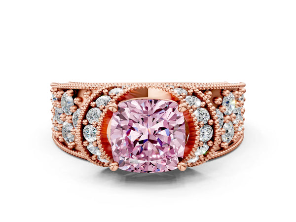 Rose gold Fancy Pink Cushion  Halo Pave Diamond Engagement Ring with Milgrain Detailing