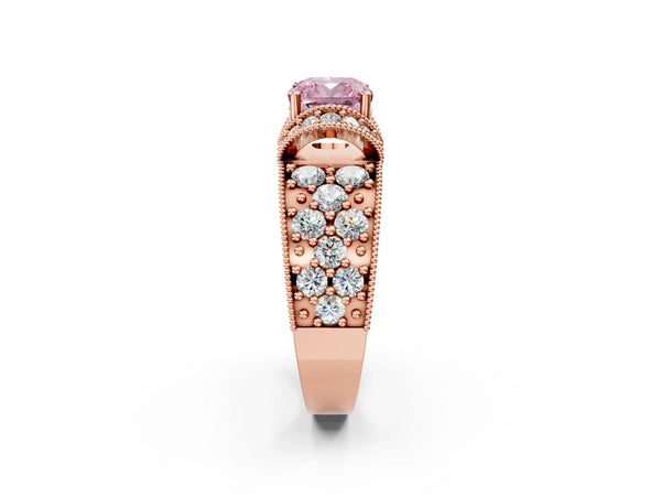 Rose gold Fancy Pink Cushion  Halo Pave Diamond Engagement Ring with Milgrain Detailing