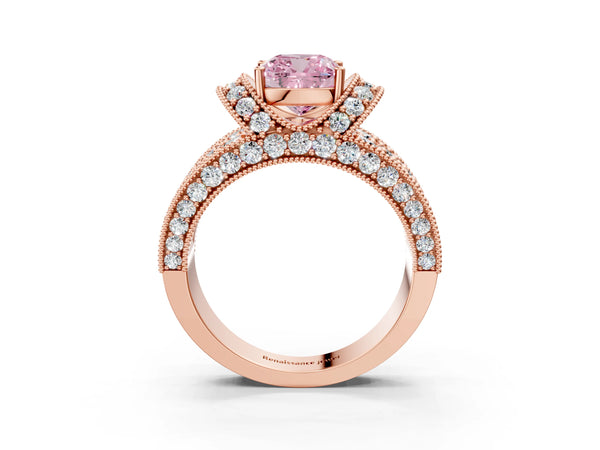Rose gold Fancy Pink Cushion  Halo Pave Diamond Engagement Ring with Milgrain Detailing