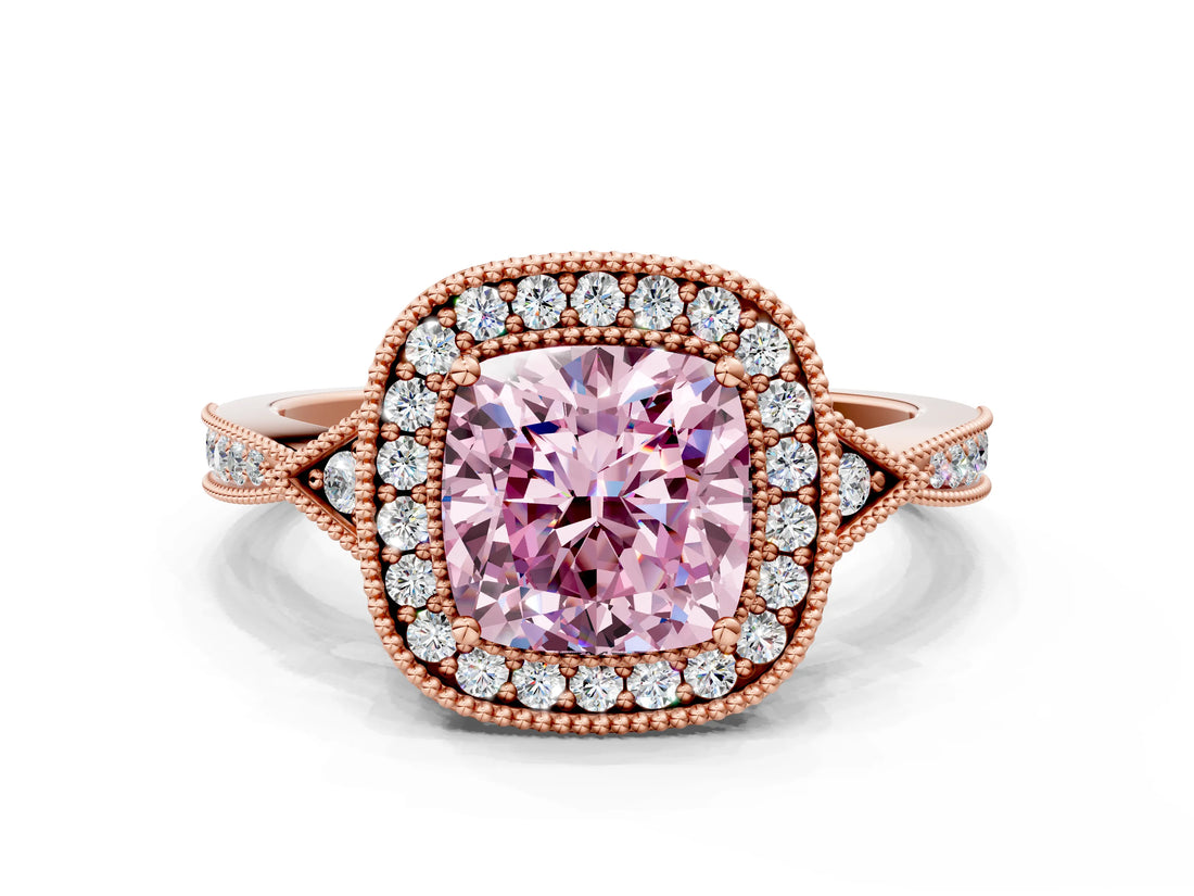 Rose gold Fancy Pink Cushion  Halo Round Diamond Milgrain Pave Engagement Ring_3