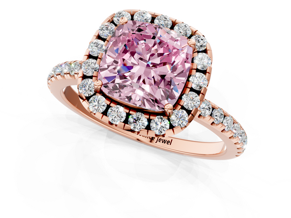 Rose gold Fancy Pink Cushion  Halo Round Diamond Pavé Band Four-Prong Ring