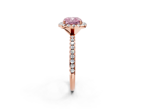 Rose gold Fancy Pink Cushion  Halo Round Diamond Pavé Band Four-Prong Ring