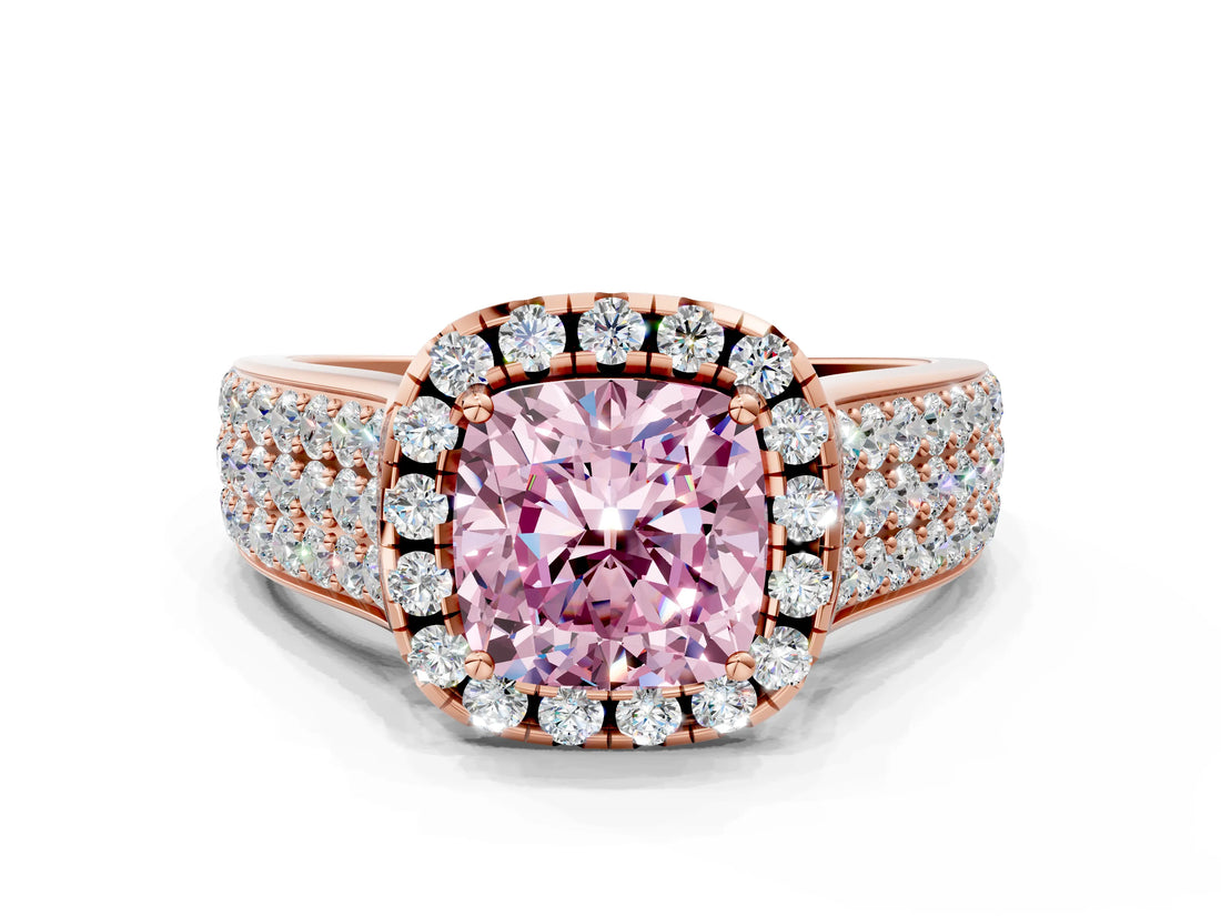 Rose gold Fancy Pink Cushion  Halo Round Diamond Pave Band with Prong Setting 1