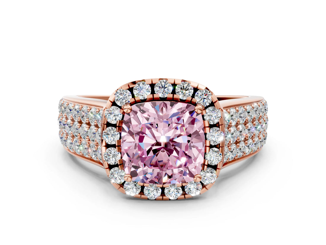 Rose gold Fancy Pink Cushion  Halo Round Diamond Pave Band with Prong Setting_12