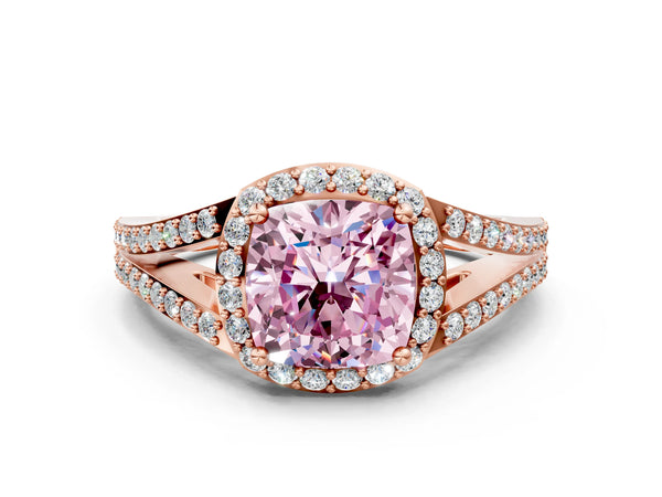 Rose Gold Cushion Cut Halo Engagement Ring Setting for Fancy Pink Center with V-Split Pave Band