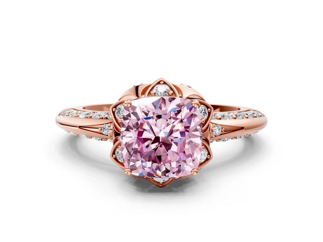 Rose gold Fancy Pink Cushion  Halo Split Shank Pave Diamond Ring with Petal Prong Setting_67
