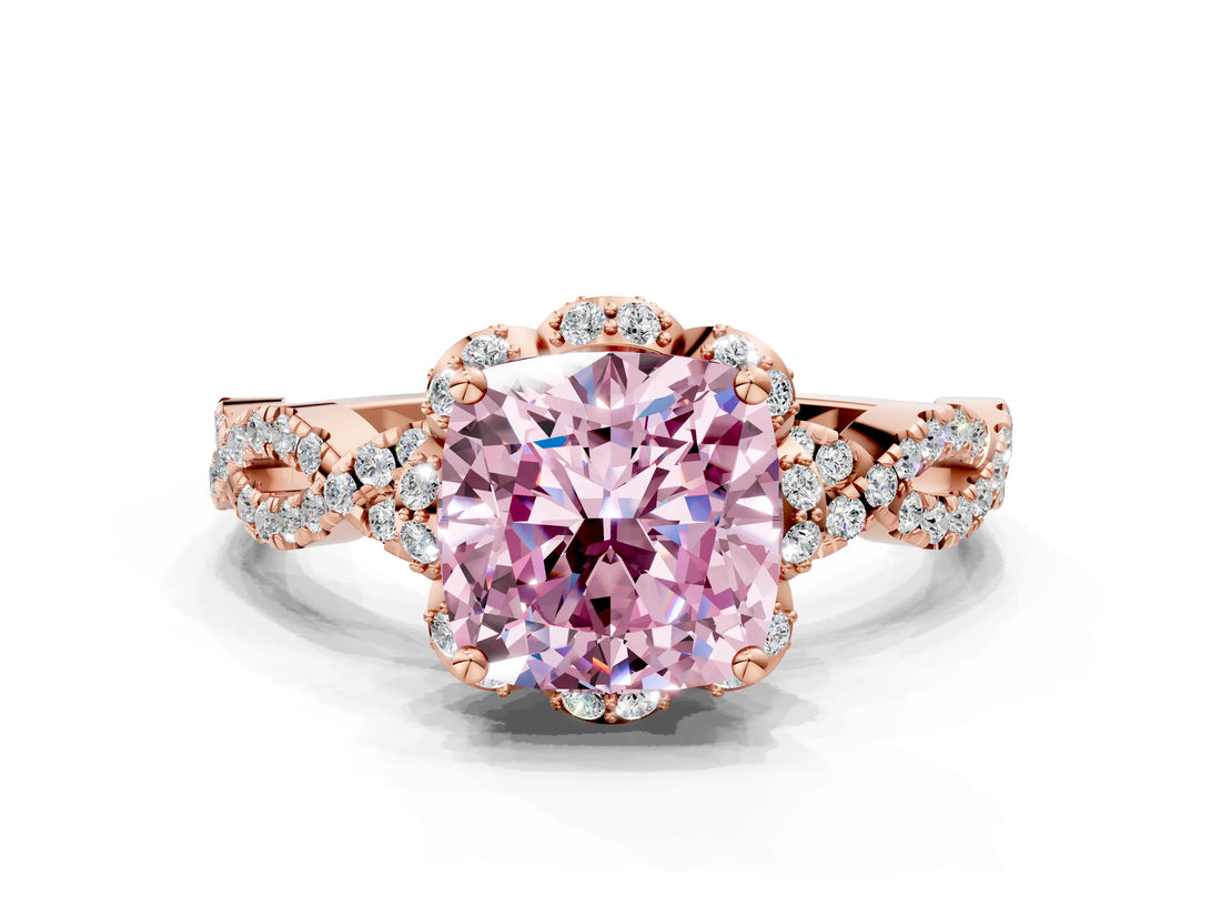 Rose gold Fancy Pink Cushion  Halo Twist Band Solitaire Ring with Six-Prong Setting_33