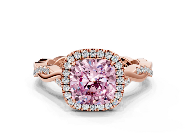 Rose gold Fancy Pink Cushion  Halo Twist Band Solitaire Ring