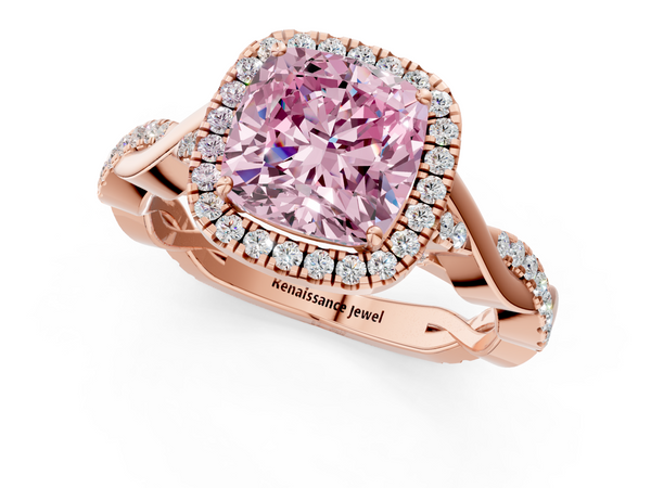 Rose gold Fancy Pink Cushion  Halo Twist Band Solitaire Ring