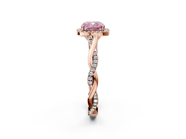 Rose gold Fancy Pink Cushion  Halo Twist Band Solitaire Ring