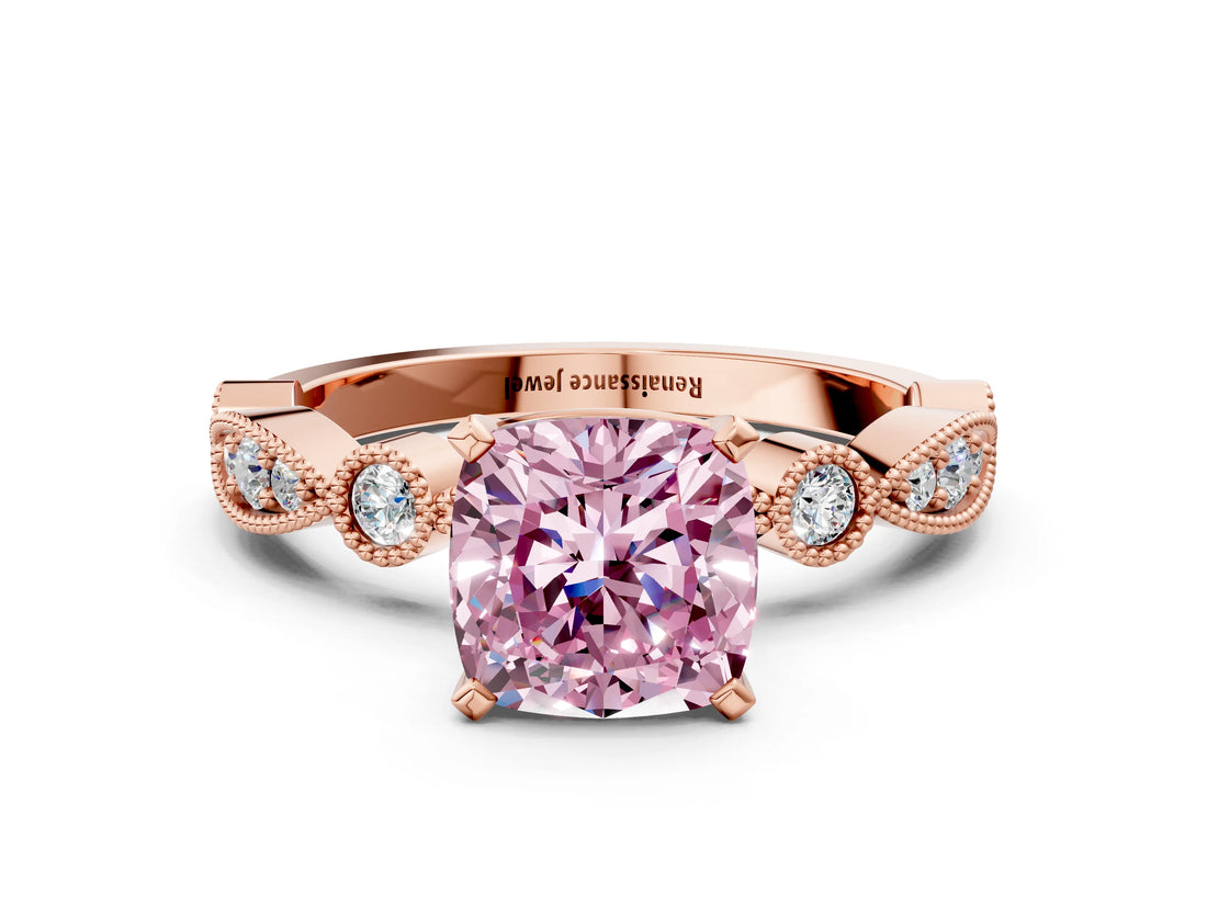 Rose gold Fancy Pink Cushion  Milgrain Bezel Diamond Engagement Ring with Solitaire Prong Setting_173
